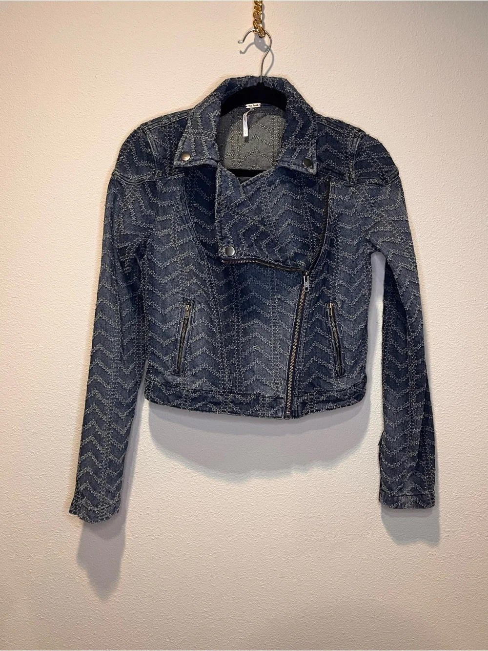 Free People Blue Chevron Denim Moto Jacket - Picture 5 of 11